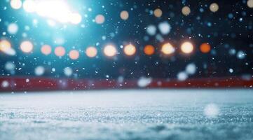 Snowy winter ice skating rink glows under stadium lights creating holiday scene photo