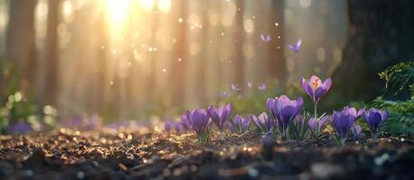Crocuses bloom in a sunlit forest, pollen floating. Spring season scenery photo