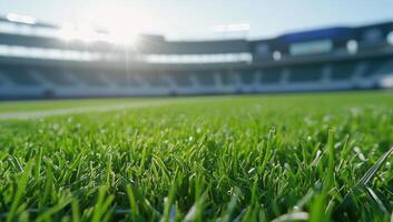 Turf field, sun-drenched empty stadium, perfect for a sports or recreation image photo