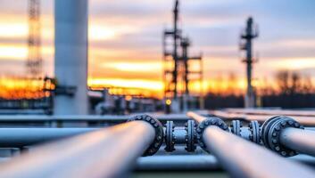 Gas pipeline at sunset, transporting fuels. Energy infrastructure background photo