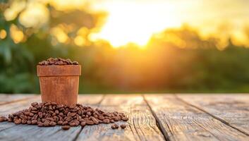 Coffee beans in pot on wood table at sunset. Farm background, for food ads photo