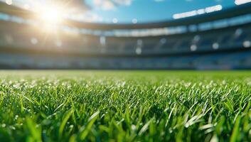 Sunny day at stadium, grass field in focus, empty seats for sports event use photo