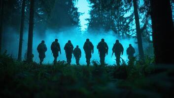 Soldiers patrol forest at dusk. Military unit on training exercise for a game photo