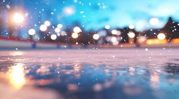 Ice rink during snowfall at night with reflections for holiday winter background photo