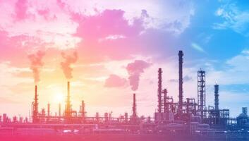 Sunset Over Factory Smoke Emission, Energy Production Background, Industrial Use photo