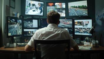 Man watches various camera feeds in a monitoring room, managing security system photo