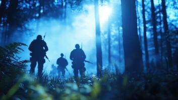 Soldiers patrolling woodland. Foggy background, dramatic light for military themes photo