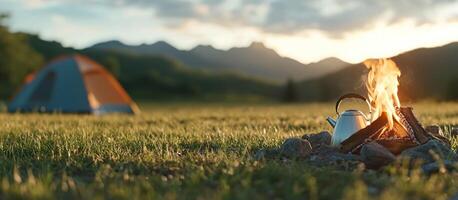 Camping on grassland, mountain background, kettle on campfire for hot drink photo