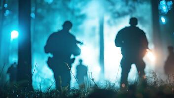 Soldiers walking with weapons through woods at night with smoke for training photo
