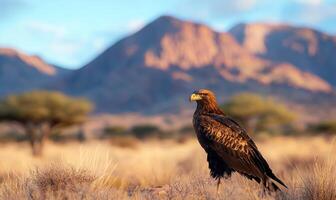 Eagle standing alert in the savannah. Mountain background for nature tourism photo