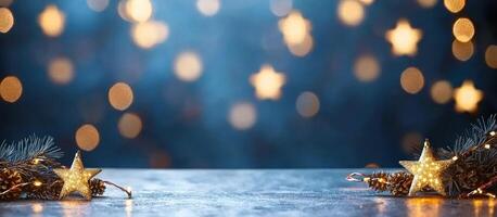 Christmas background, with stars and pine cones over table and bokeh lights photo