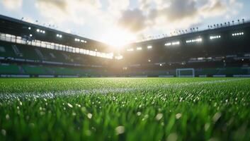 Soccer field view in stadium with setting sun for sports background wallpaper photo
