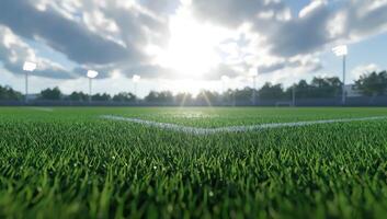 Low angle of a grass field with stadium lights and clouds for sports use photo