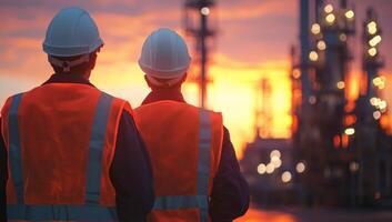 Engineers at sunset oil refinery overlooking the plant for a progress report photo
