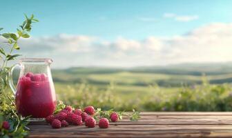 Raspberry juice on table, blurred field backdrop, refreshing summer drink ads photo