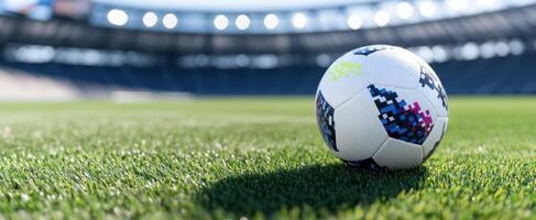 Soccer ball on field in empty stadium for sport events, school games use photo