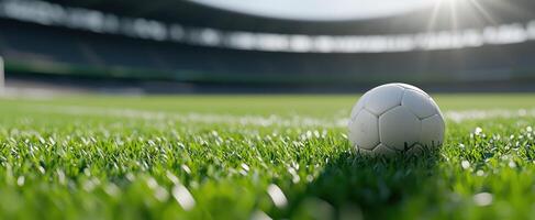 Soccer ball on the green grass field of the empty stadium for competition use photo