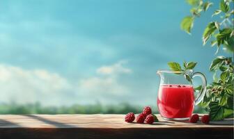 Refreshing drink on wooden table with foliage, bright sunny sky background photo