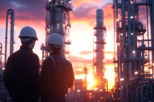 Engineers oversee refinery plant at sunset. Background with industrial structure photo