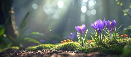Crocuses bloom in sunlight, moss-covered forest floor. Background of blurred trees photo