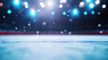 Hockey rink with ice, lights, and snow. Sports game or performance venue photo
