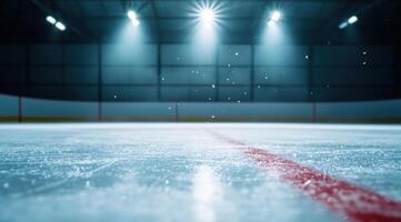 Ice rink awaits players, lights shine overhead. Empty arena for sporting events photo