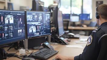 Officer Monitors Security Footage in Busy Control Room for Emergency Response photo