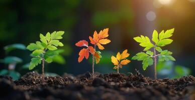 Seedlings sprout from ground in sunlight, symbolizing growth and new beginnings photo