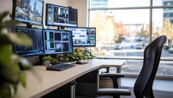 Modern office workspace with multiple monitors displaying data and calls photo