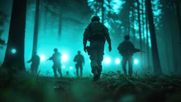Soldiers walk in misty forest at night. Patrol through woods, possible training use photo