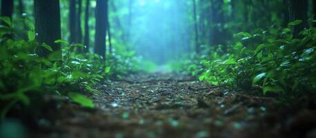 Hiking trail through forest with fog. Adventure, recreation, nature backdrop photo