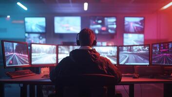 Gamer controls many computer screens in modern room, with city scene background photo