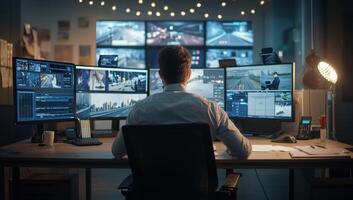 Man monitoring screens in a security control room for transportation safety photo