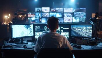 Operator monitoring traffic on multiple screens for security. Surveillance photo