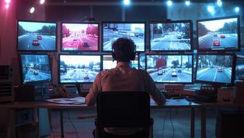 Man monitors road traffic from control center, displaying traffic information photo