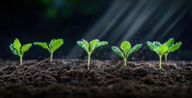 Saplings sprouting sequentially in soil. The background is soft and natural photo