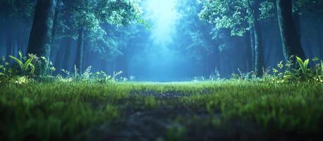 Foggy forest path with tall trees. Mystical sunlight. Use Background photo