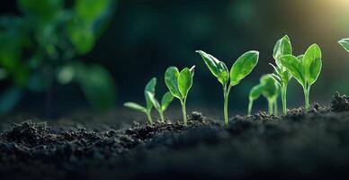 Seedlings sprout from earth, growing tall in a row on a dark green background photo