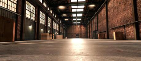 Spacious warehouse interior with crates and sunlight, for storage and logistics photo