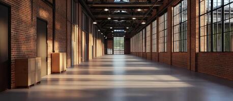 Empty warehouse interior. Brick walls, big windows, sunlight, boxes. Storage photo
