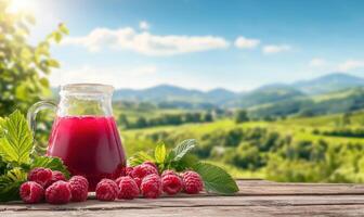Raspberry juice pitcher on a wooden table with rural mountains backdrop for advertising photo