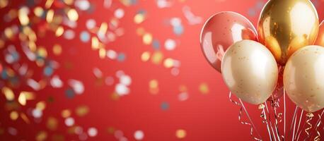 Celebration balloons floating against a confetti backdrop, party invitation photo