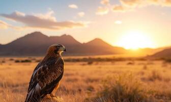 Eagle on rock, mountain range backdrop, warm light, wildlife, and nature scenes photo