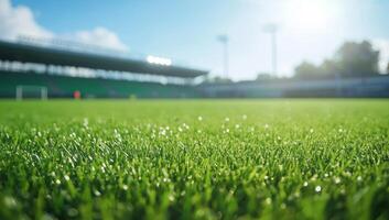Close-up of vibrant green grass on a sunny stadium field for sports photo