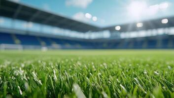 Lush Green Soccer Field at Stadium on Sunny Day for Sports and Recreation Use photo