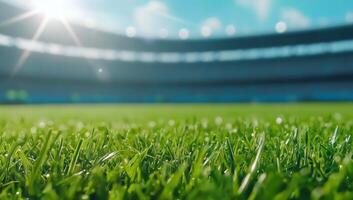 Close up view of lush green grass on a stadium field, ready for a game photo