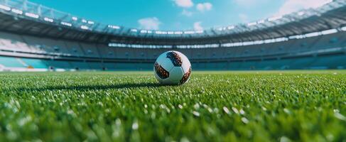 Soccer ball sitting on the grass field of a stadium on a sunny day photo