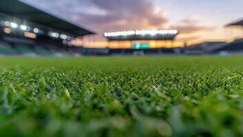 Soccer stadium at dusk, empty stadium and green field. For sport, recreation photo