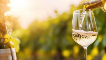Pouring crisp white wine into a glass, vineyard backdrop, for drinks promotion photo