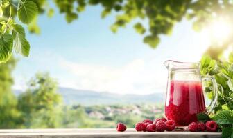 Raspberry juice pitcher on table, sunny garden background, refreshing summer drink photo
